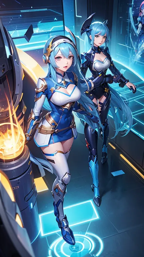 Mobile legends game heroes, game heroes. 3 girls long blue hair, robot theme