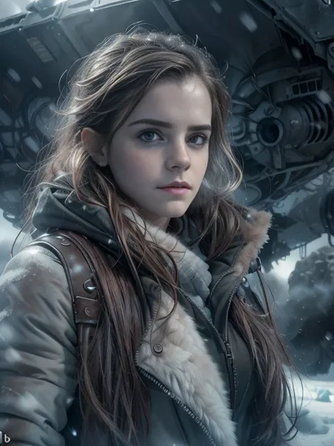 (emma watson, detailed, 8k, photorealistic, cinematic lighting, dramatic lighting, portrait), (apocalyptic,snowy winter landscap...