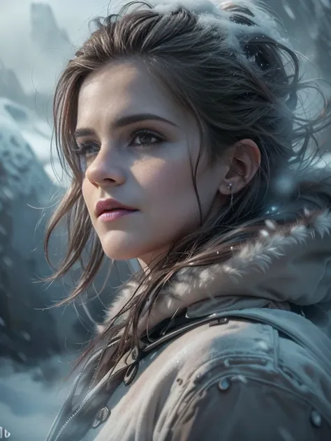 (emma watson, detailed, 8k, photorealistic, cinematic lighting, dramatic lighting, portrait), (apocalyptic,snowy winter landscap...