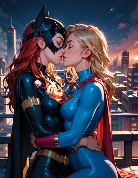 score_9, score_8_up, score_7_up, score_6_up, 2girls, Supergirl and Batgirl, yuri, girlfriends, lovers, imminent kiss, city rooftop, night, cinematic lighting.