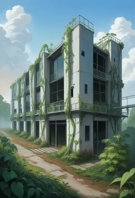 The visual depicts a large industrial factory in the background, with a prominent chimney extending towards the sky. Instead of smoke, green vines emerge from the chimney, spiraling upwards gracefully. These vines climb from the factory chimney towards the...