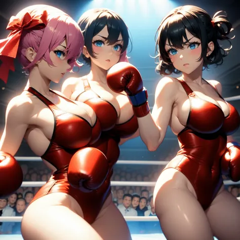 nsfw , flat oppai vs oversized oppai , in boxing rings , wear boxing gloves ,wear korea national flag pattern leotard.