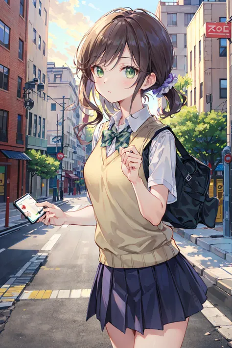 nozomitoujou, Nozomi-san always, (Green Eyes:1.5), Brown Hair, Shortcuts, Scrunchie, 
Destroy , pleated skirt, Short sleeve, skirt, Summer uniform, Sweater vest, white，Sweater vest,
壊す looking at viewer,
Destroy outdoors, City，Destroy a city of buildings (...