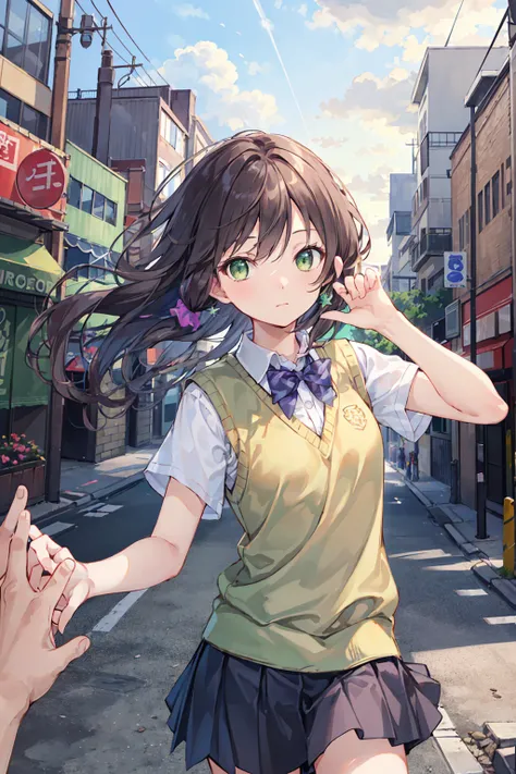 nozomitoujou, Nozomi-san always, (Green Eyes:1.5), Brown Hair, Shortcuts, Scrunchie, 
Destroy , pleated skirt, Short sleeve, skirt, Summer uniform, Sweater vest, white，Sweater vest,
壊す looking at viewer,
Destroy outdoors, City，Destroy a city of buildings (...