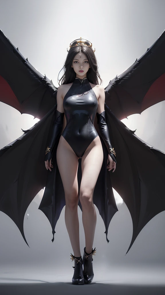 (Realistic picture, highest resolution, 16ก), (A demon god with wide wings and enormous power on his shoulders..., Twelve wings on the shoulders., black bat wings:1.3 white angel wings:1.5), 6 angel wings, 6 devil wings, (Beautiful girl with two meter long...