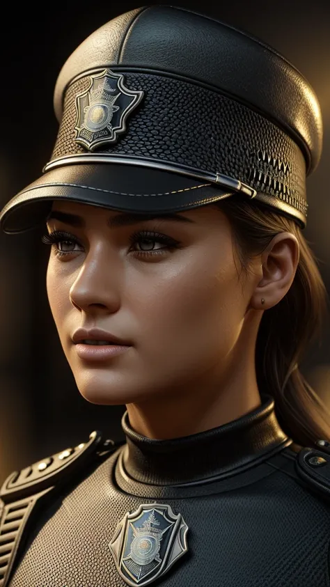 a beautiful police officer,1girl,detailed face,beautiful detailed eyes,beautiful detailed lips,extremely detailed eyes and face,long eyelashes,police uniform,tight bodysuit,police cap,police badge,police insignia,reflective badges,detailed texture,realisti...