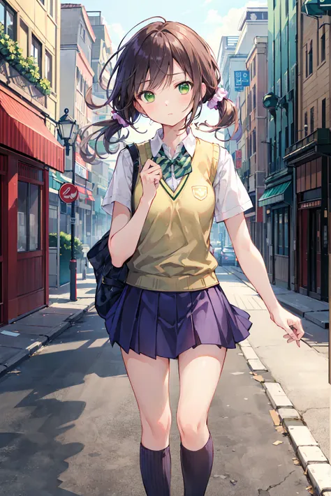 nozomitoujou, Nozomi-san always, (Green Eyes:1.5), Brown Hair, Shortcuts, Scrunchie, 
Destroy , pleated skirt, Short sleeve, skirt, Summer uniform, Sweater vest, 白のSweater vest,
壊す looking at viewer,
Destroy outdoors, City，Destroy a city of buildings (mast...