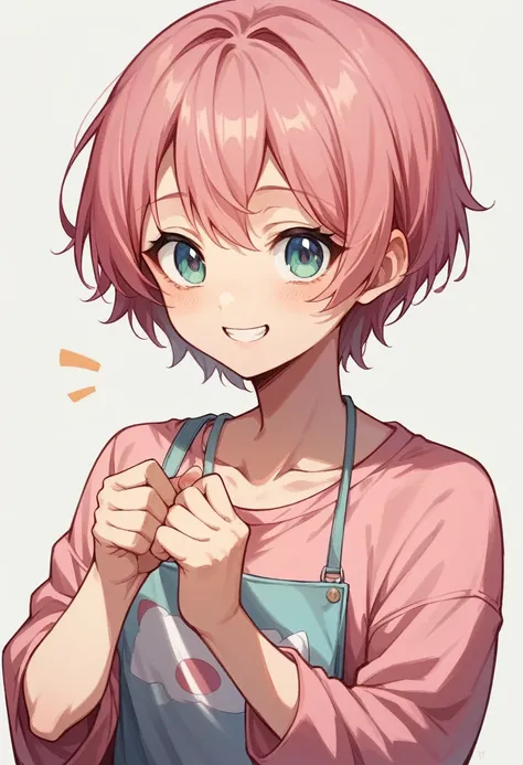 Highest quality、Super detailed、1 smiling cute anime girl、Short Hair、Pink clothes、Simple Background