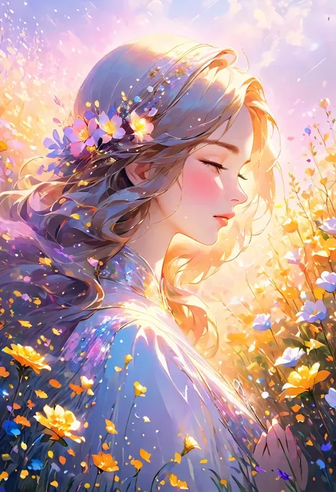 Masterpiece High Resolution Beautiful Girl Profile Transparent Flowers Close to Face with Both Hands Fantastic Flower Field Night Eyes Closed