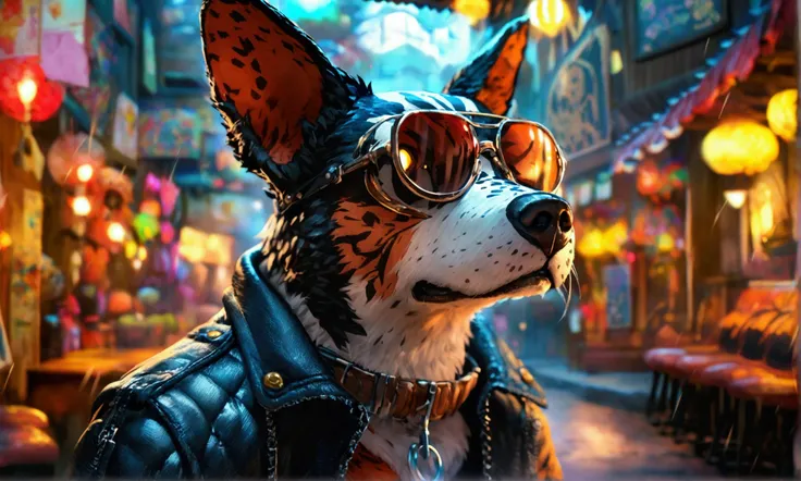 Humanoid dog,biker glasses,biker jacket,body scars,angry expression,bar background,"Anime character design inspired by One Piece, full of dramatic and impressive lighting, focus on the centralized character, impressive face, full of creative details, ultra...