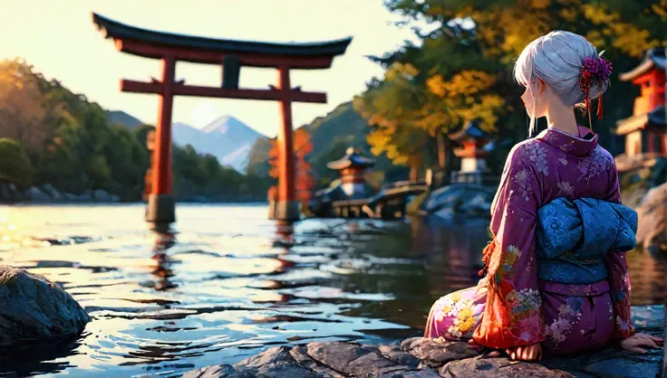 1 futanari, white hair, violet kimono, lake water, evening, shrine gate, full moon