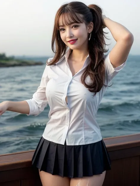 Gray background、pubic hair、Large Breasts、Thighs、Red lipstick、Cute woman、high school girl、White shirt、(Navy blue skirt)、smile、Open chest shirt、(A polka dot shirt that was wet and showed her underwear)、Wet Hair、Gazing at the sea、smile、On the boat、Raising his...