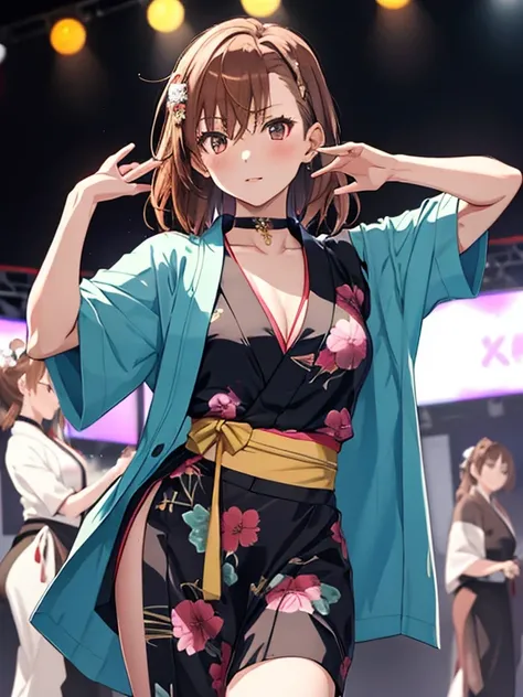 (Dancer:1.5), yukata, The background is a festival, Misaka Mikoto, One girl, Black choker, 超High resolution, retina, masterpiece, Accurate, Anatomically correct, Textured skin, Super Detail, Attention to detail, high quality, 最high quality, High resolution...