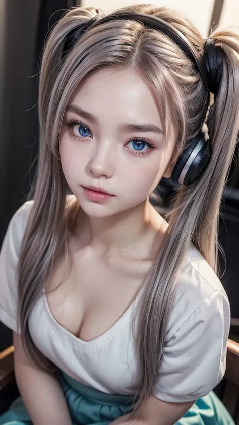 (A photo was posted on social media of a beautiful girl in a white shirt and blue skirt, wearing headphones and recording with a microphone in a recording studio, with a seductive expression.) (The beautiful girl is 17 years old, of 18% Japanese, 26% Frenc...