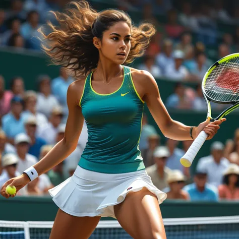 A Brazilian girl in a stylish tennis outfit, mid-action, 1girl, intricate line work, dramatic shading, intense expressive style, highly detailed, powerful ethereal quality, form-fitting top, short flared skirt, accentuates athletic physique, graceful dynam...