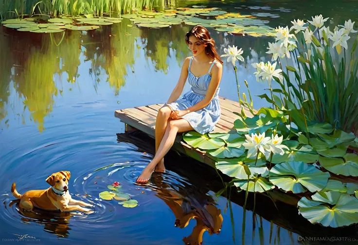 Picture of a girl sitting on a dock with a dog, feet in the water, white lilies on the water, "Lilies" by Konstantin Razumov, Daniel Gerhartz, Garmash sitting by a pond, Vladimir Volegov, summer afternoon, inspired by Mikhail Garmash, Volegov, Pinot Daeni ...