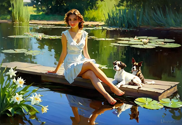 Picture of a girl sitting on a dock with a dog, feet in the water, white lilies on the water, "Lilies" by Konstantin Razumov, Daniel Gerhartz, Garmash sitting by a pond, Vladimir Volegov, summer afternoon, inspired by Mikhail Garmash, Volegov, Pinot Daeni ...