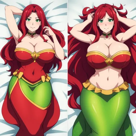 Dakimakura design, solo, Mermaid dress, cleavage, mermaid tail below waistline, bra green, long hair, red hair, green eyes, smile, blush, ultra resolution , perfect, very detailed, work of art, 4k hd, (gigantic bust:1.4), 