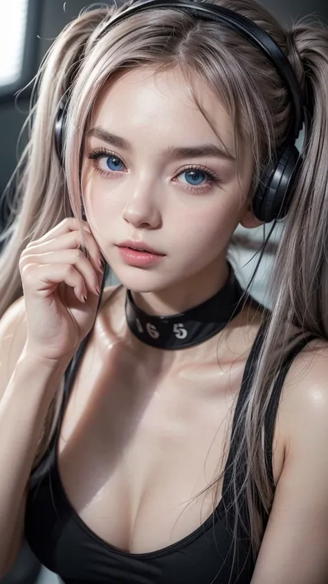 (A photo was posted on social media of a beautiful girl in idol cosplay singing into a microphone with headphones on in a recording studio.) (The beautiful girl is 17 years old, of 18% Japanese, 26% French, and 56% Ukrainian descent, 178 cm tall, with a sm...