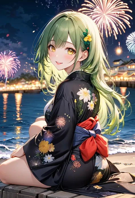 (beautiful back style), (solo:2, 15 yo, Look love face), (beautiful detailed green hair, long hair girl, sexy yellow eyes, glossy lip, medium tits, love smile), in A beautiful detailed yukata, sit down on breakwater, break, in the night fly Fireworks in be...