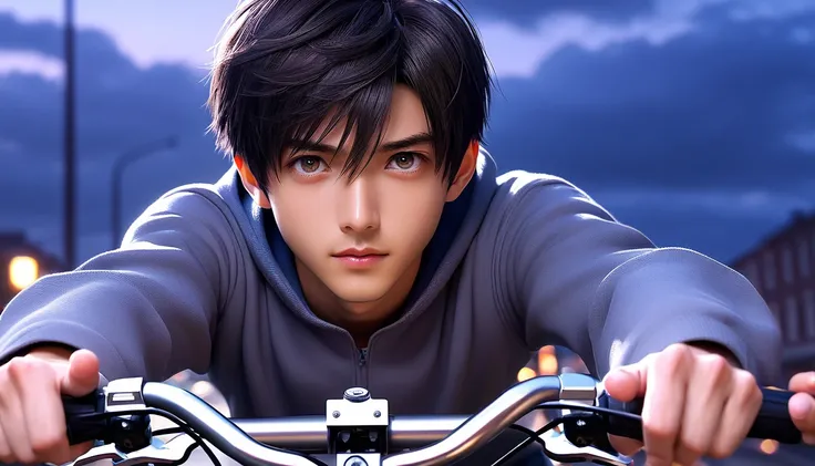 (8k, RAW photos, best quality, masterpiece: 1.4), (((Boy on bike)))，Ultra-high resolution, Extremely detailed, light, Upper body close-up, handsome boy, black eyes, (delicate eyes, Eyes are bright:1.2), Black short hair, Fair skin,dark, Grey sweatshirt,(pe...