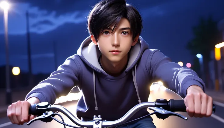 (8k, RAW photos, best quality, masterpiece: 1.4), (((Boy on bike)))，Ultra-high resolution, Extremely detailed, light, Upper body close-up, handsome boy, black eyes, (delicate eyes, Eyes are bright:1.2), Black short hair, Fair skin,dark, Grey sweatshirt,(pe...