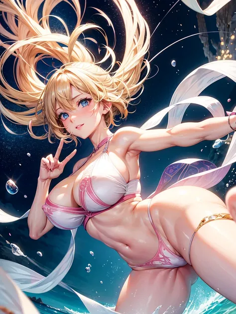 Anime style, super fine illustration, highly detailed, beautiful detailed, pale tone image, static representation, gentle expression, 8k, angle from behind, pretty 1girl with blonde straight short hair & blue eyes & a bright smile & huge breasts & pink nip...