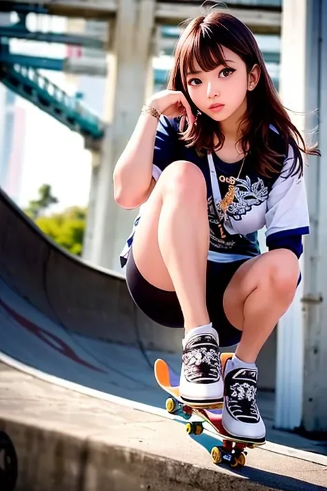 (Realistic:1.3) , In detail, quality, (masterpiece:1.2) , (photoRealistic:1.2) , (best quality) , (Detailed skin:1.3) , (Intricate details) , Ray Tracing, dramatic, 1 girl, (Cute Korean Ethereal Woman), (Film Grain:1.2), Skate Park, Skateboard Ramp, graffi...