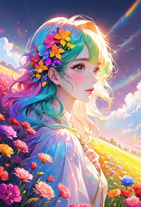 Masterpiece High resolution Beautiful girl profile Rainbow hair Transparent flowers close to face with both hands Fantastic flower field Night Korean style makeup Mature Older sister Eye makeup