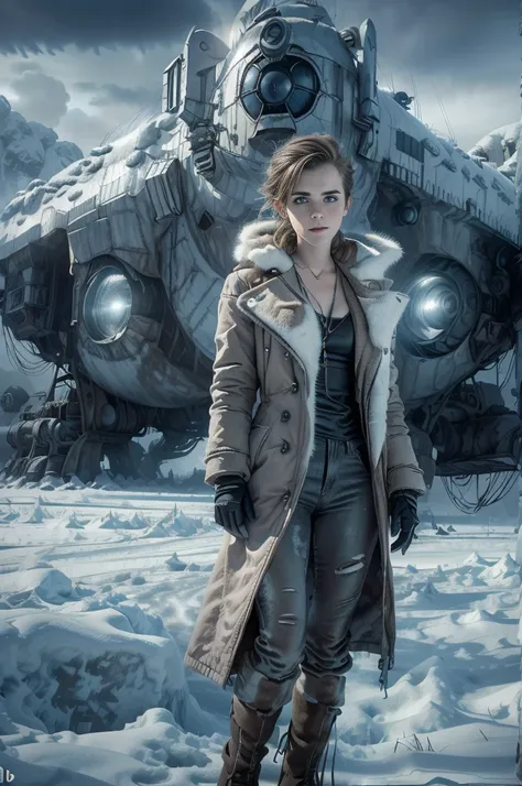 (emma watson, detailed, 8k, photorealistic, cinematic lighting, dramatic lighting, full body shot), (apocalyptic,snowy winter la...