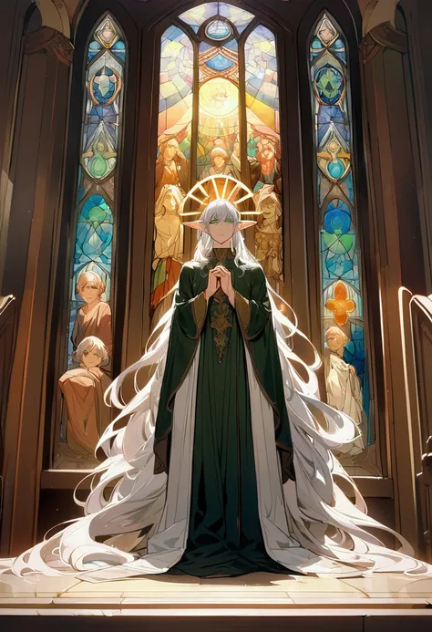 male, curtained hair, silver hair, shiny hair, absurdly long hair, sun god halo, Light green eyes, A look of pity, dropping eyes, Elf ears, Divine, Gothic art, Classicism, Church stained glass window, Colored windows, Painting on the stained glass window, ...