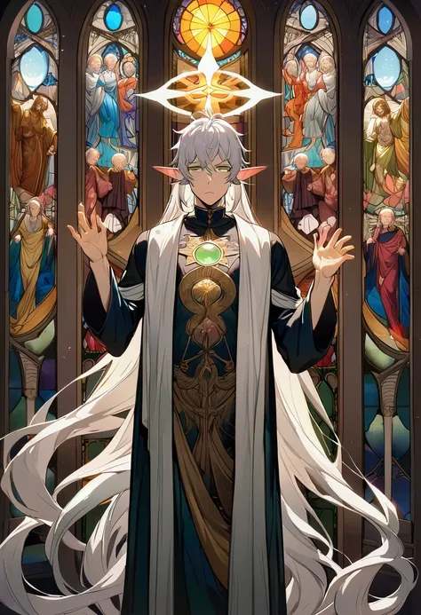 male, curtained hair, silver hair, shiny hair, absurdly long hair, sun god halo, Light green eyes, A look of pity, dropping eyes, Elf ears, Divine, Gothic art, Classicism, Church stained glass window, Colored windows, Painting on the stained glass window, ...