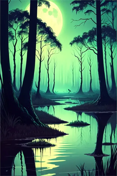 an eerie and sinister painting by stefan koidi of a stinky boggy swamp at midnight. a chorus of croaking bullfrogs and chirping ...