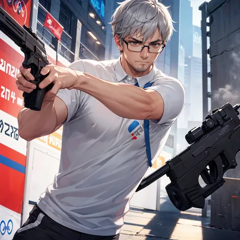 a man with short gray hair,glasses,wearing a white shirt with Türkiye written on it,holding a pistol in a shooting stance,serious expression,detailed illustration,sports setting,Olympic event,banners,photographers,vibrant,dynamic,focus,intensity