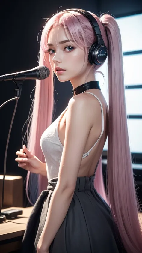 (A photo was posted on social media of a beautiful girl in stylish casual clothing singing into a microphone with headphones on in a recording studio.) (The beautiful girl is 17 years old, of 18% Japanese, 26% French, and 56% Ukrainian descent, 178 cm tall...