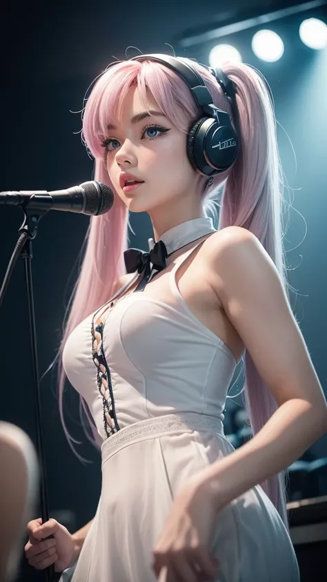 (A photo was posted on social media of a beautiful girl in stylish casual clothing singing into a microphone with headphones on in a recording studio.) (The beautiful girl is 17 years old, of 18% Japanese, 26% French, and 56% Ukrainian descent, 178 cm tall...