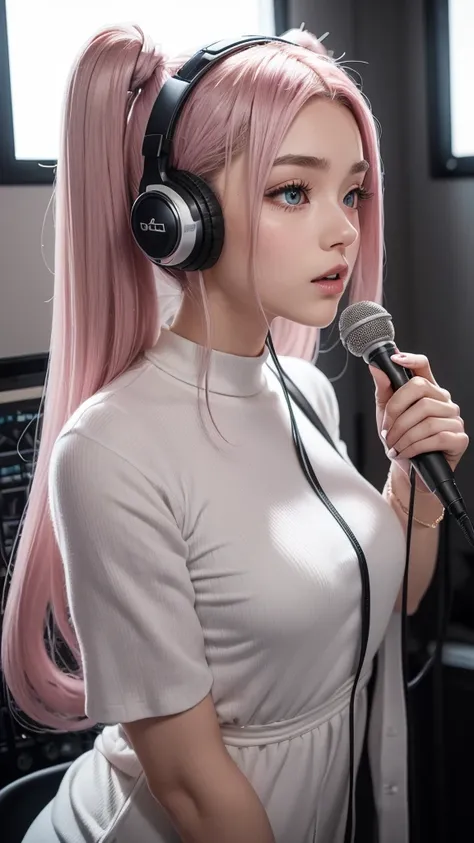 (A photo was posted on social media of a beautiful girl in stylish casual clothing singing into a microphone with headphones on in a recording studio.) (The beautiful girl is 17 years old, of 18% Japanese, 26% French, and 56% Ukrainian descent, 178 cm tall...