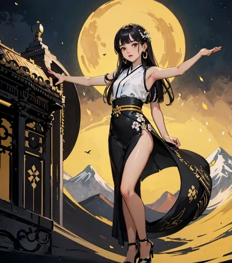 ローアングルFull Body Shot1.4、（Pitch Black Night、moonlight、Black Sky、Distant Mountain々々You can see a wide meadow、Lots of petals、Hair blowing in the wind）（（（Yellow and black dress、High heels）））、（（（Full Body Shot、Saints praying to the moon）））（（（Japanese women, 18-...