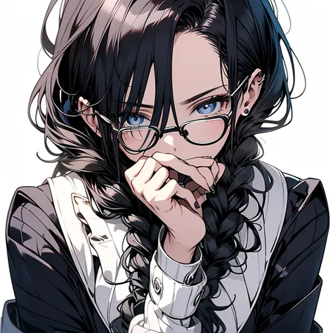 The Beauty of Knowledge,cool,Woman in her 20s,Silver glasses,Black business suit,White background,cold,Emotionless,Black Hair,Upper Body,