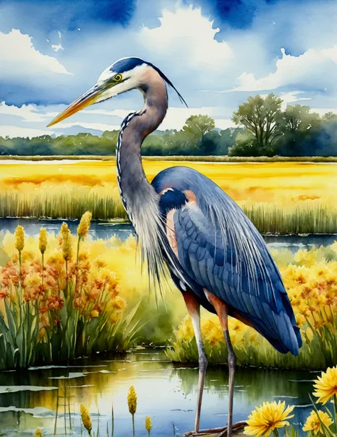 (best quality,watercolor effect:1.2),A blue heron,colorful watercolor painting of a Great blue herons standing on a withered yellow flower meadow with a blue and cloudy sky as a background，Great blue herons, reeds, aquatic plants, lake water