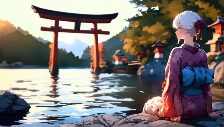 1 futanari, white hair, green eyes, big panise, showing her testicalse, violet kimono, lake water, evening, shrine gate, full moon, 