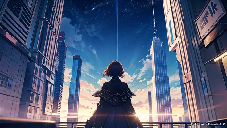 8K , best quality:2 , masterpiece:2 , BREAK , official art , BREAK, Volumetric lighting , BREAK , back view ,a girl , looking up:1.5 , BREAK , countless Skyscraper:1.8 , sky, city