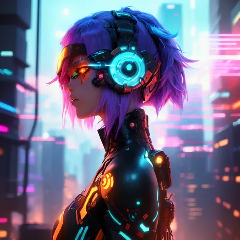 Create a high-quality digital artwork featuring a futuristic anime character. The character should have vibrant, neon-colored hair and attire with glowing tech accessories. Set the scene in a sleek, cyberpunk cityscape with towering skyscrapers and neon li...