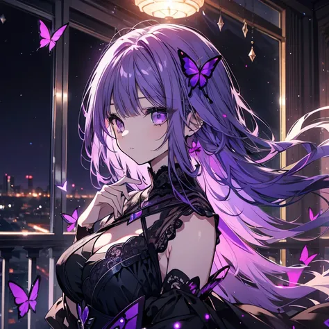 1 girl、Mature、Ample breasts、Long Hair、Purple Eyes、Black and purple hair、Purple butterfly、Black Dress、Shoulder Bare、Lace fabric、Look to the side、Hair blowing in the wind、Moonlit Night、palace、balcony、Curtains flutter、High resolution、Highest quality