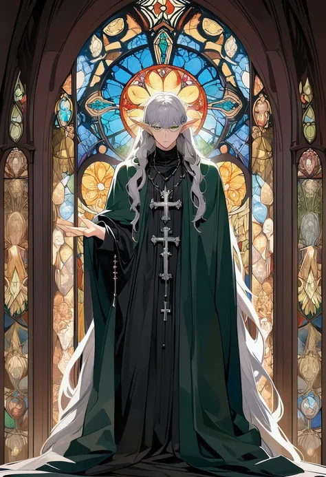 male, curtained hair, silver hair, shiny hair, absurdly long hair, halo, Light green eyes, A look of pity, dropping eyes, Elf ears, Divine, Dark green godfather robe, Silver cross necklace, Church stained glass window, Colored windows, Painting on the stai...