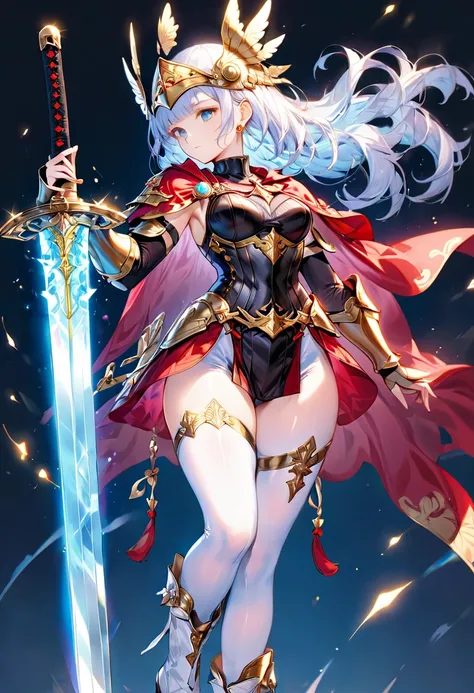 1 young beautiful woman,(Highest quality,Extremely detailed depiction,Incredibly absurd high resolution,Anatomically accurate depiction,Curvy Legs),(Glowing Skin,Shiny skin),(A female swordsman with a noble air),(White breastplate,White boots,Metal embroid...