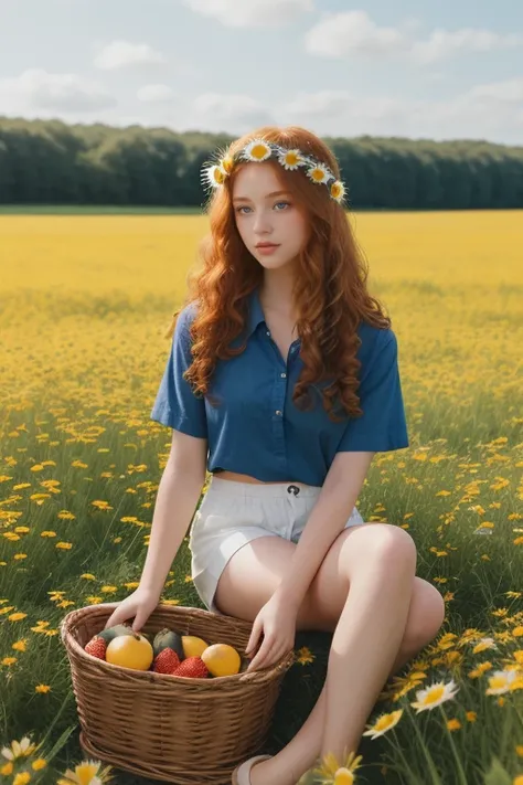 (girl:1.2),alone, (long ginger curly hair:1.1), brown eyes, Wearing a daisy wreath on your head, Sit in a daisy field, (fruit basket:1.1), blue shorts, red shirt,,raw,photographic,photo shadows,actual,Ridiculous,Aesthetic,elegant
