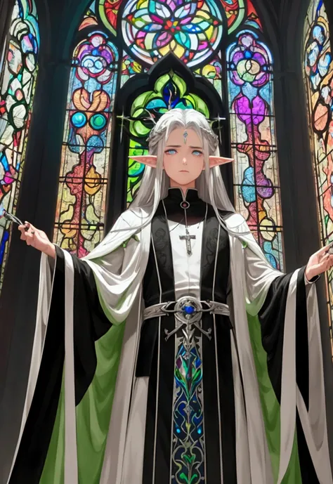 male, curtained hair, silver hair, shiny hair, absurdly long hair, halo, Light green eyes, A look of pity, dropping eyes, Elf ears, Divine, Dark green godfather robe, Silver cross necklace, Church stained glass window, Colored windows, Painting on the stai...