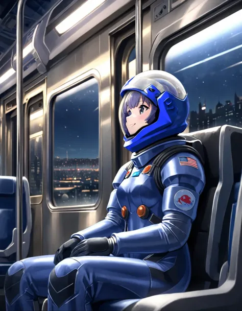 space helmet, (cinematic scene, sitting on a chair, train interior, , city view, night view: 1.5), space helmet, eva helmet, space suit, astronaut), smile bubble helmet, very detailed, speed helmet, bubble helmet, ,upper body, blue bodysuit, from side