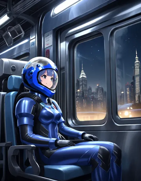 space helmet, (cinematic scene, sitting on a chair, train interior, , city view, night view: 1.5), space helmet, eva helmet, space suit, smile bubble helmet, very detailed, speed helmet, bubble helmet, ,upper body, blue bodysuit, from side